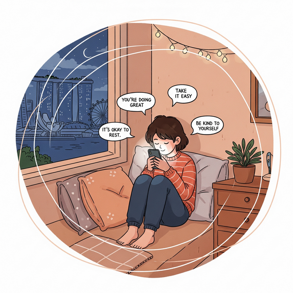 Illustration of a young person sitting in a cozy bedroom corner at night, holding a glowing phone, surrounded by soft supportive speech bubbles, symbolising the comfort and confidentiality of youth helplines in Singapore.