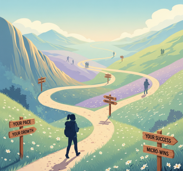 Illustration of a person hiking on a winding path through hills and meadows with multiple signposts showing encouraging words like “Your Pace,” “Your Growth,” “Your Success,” and “Micro-Wins,” representing different personal journeys.