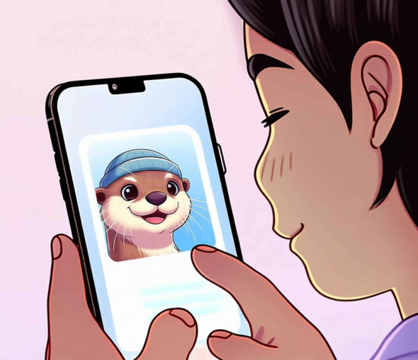 Cartoon image of a person looking at a phone displaying Ommu, a mental health chatbot with an otter avatar for Singaporean youth.